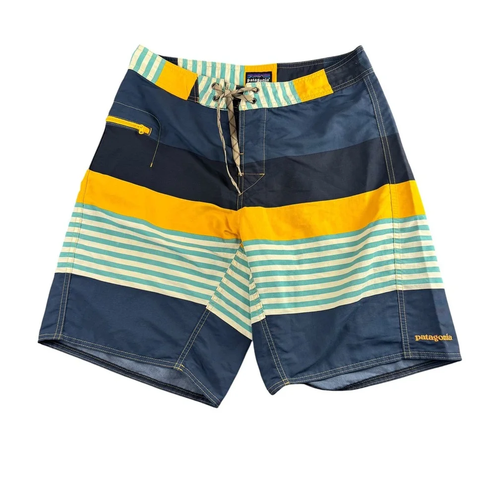 Patagonia Mens 31 Board Shorts Multi Color Striped Nylon Swim Trunks Navy Yellow